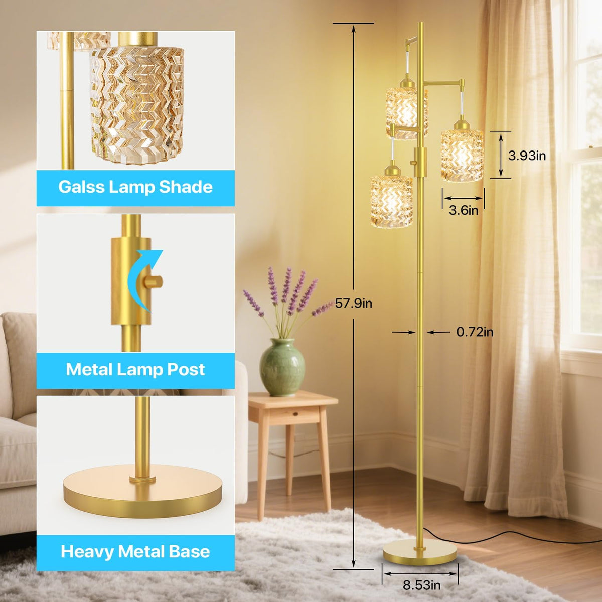 Gold Floor Lamp for Living Room Bedroom, 3-Light Vintage Standing Lamp Stained Glass, Mid Century