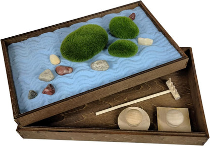 Wooden Stackable Zen Garden | Blue Oasis Sand with Rake & Accessories | Minimalist Decor Gift for