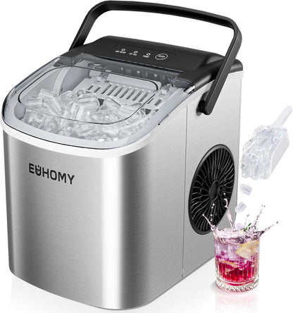 EUHOMY Countertop Ice Maker Machine with Handle, 26lbs Per Day, 9 Ice Cubes Ready in 6 Mins