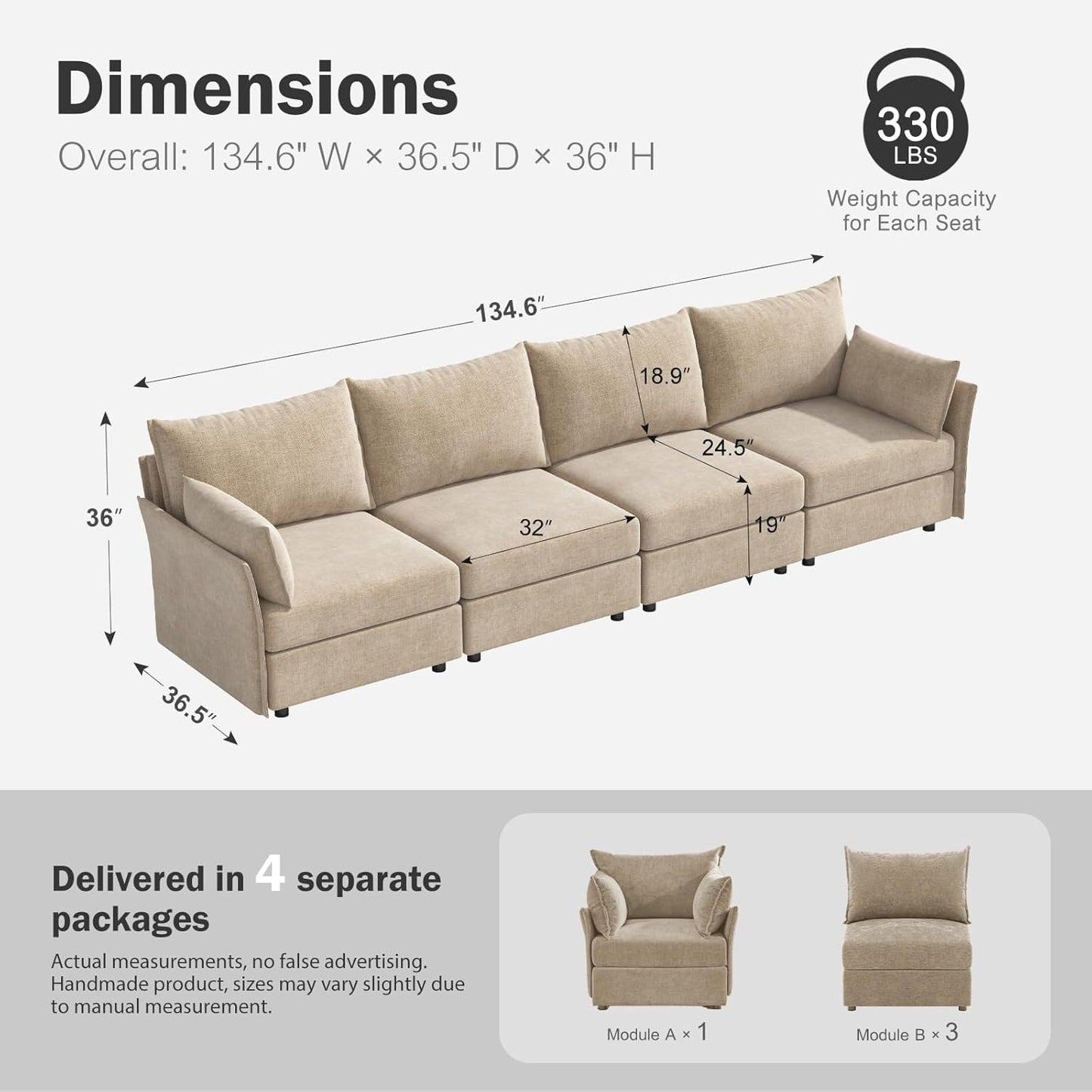 134.6" Modular Sectional Sofa, Oversized 4 Seater Couch with Removable Beige Chenille Fabric Cover
