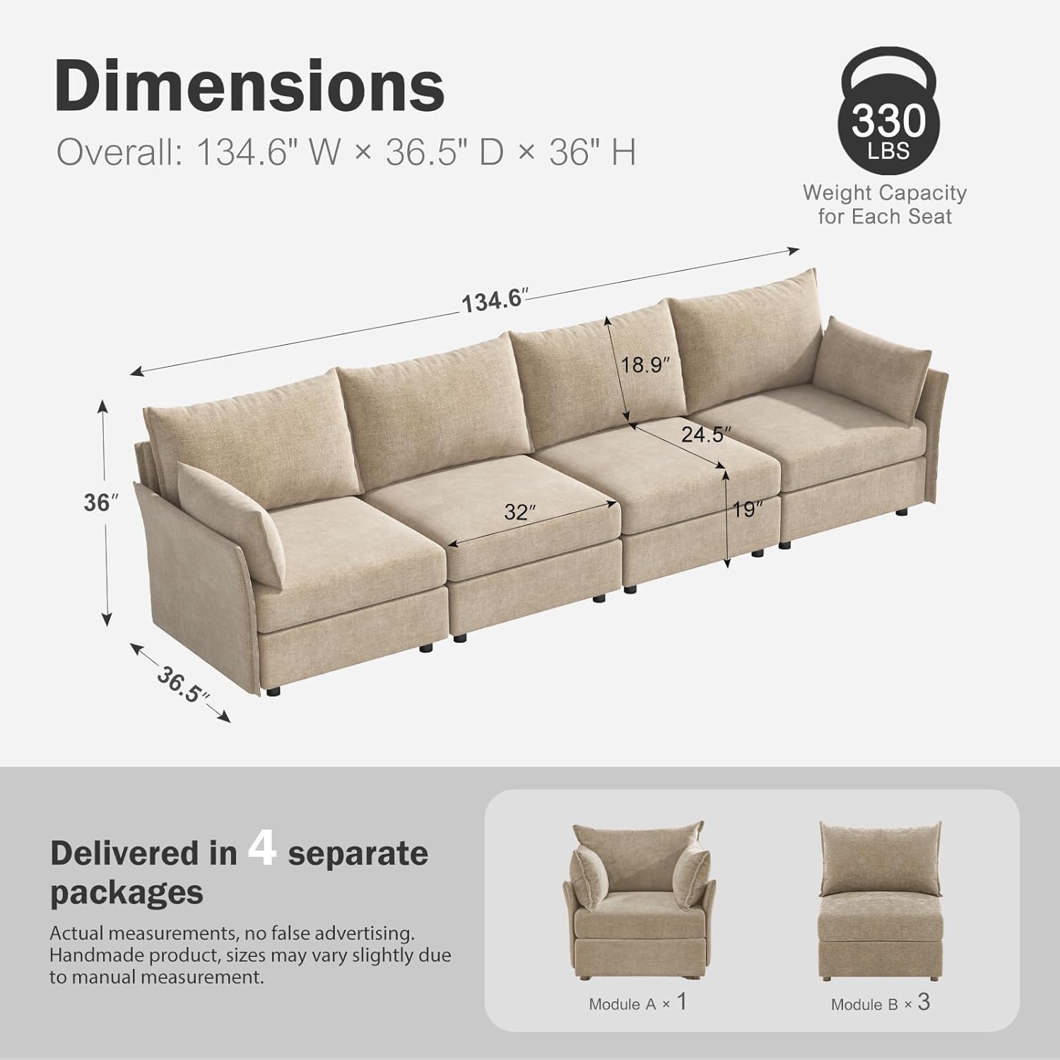 134.6" Modular Sectional Sofa, Oversized 4 Seater Couch with Removable Beige Chenille Fabric Cover