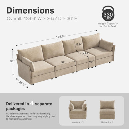 134.6" Modular Sectional Sofa, Oversized 4 Seater Couch with Removable Beige Chenille Fabric Cover