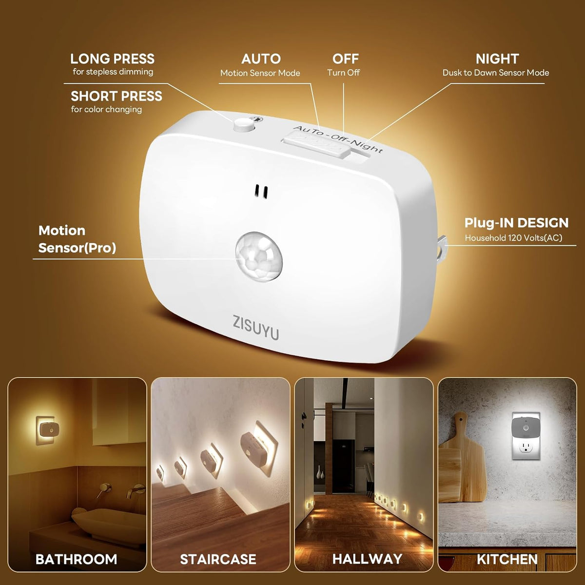 ZISUYU Plug-in LED Backlit Night Light with Motion Sensor & Dusk to Dawn Sensor, 10-60lm Dimmable