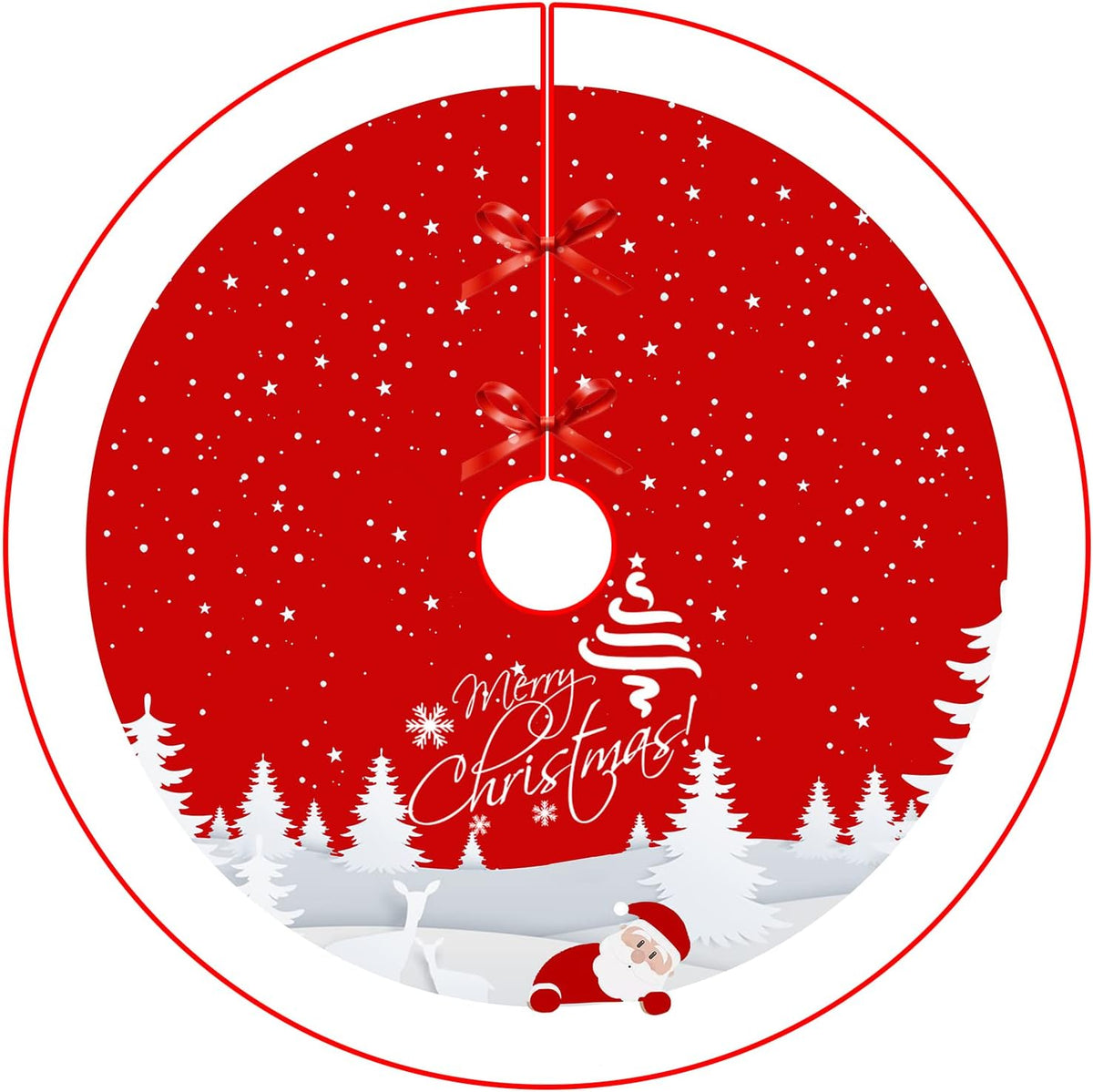 Christmas Tree Skirt Red Xmas Tree Ornaments for White Soft Plush Christmas Tree Mat with Snowy