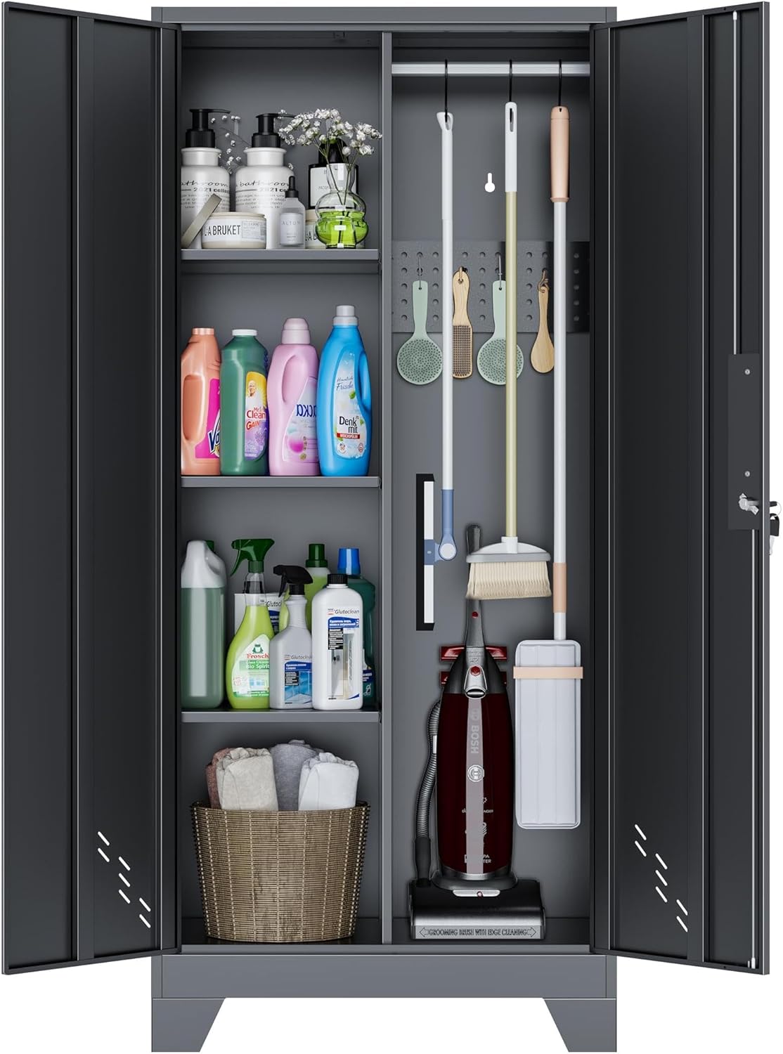 61" Broom Closet Storage Cabinet, Metal Storage Cabinet with Doors, Utility Cabinets for Brooms and