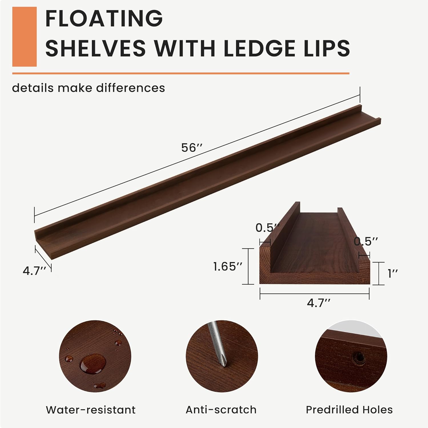 Solid Ash Wood Picture Ledge Shelf, Floating Shelves Set of 2, 56 Inch Long Large Ledge Shelves