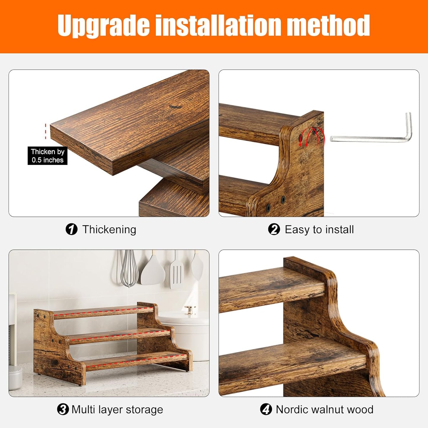 KLM 3-Tier Spice Rack, 13.8 Inch Wood Step Shelf Countertop Spice Storage Holder, Kitchen Pantry