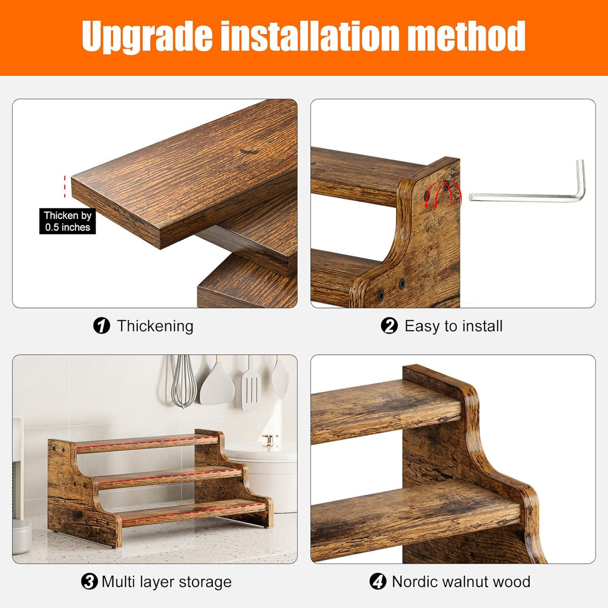 KLM 3-Tier Spice Rack, 13.8 Inch Wood Step Shelf Countertop Spice Storage Holder, Kitchen Pantry