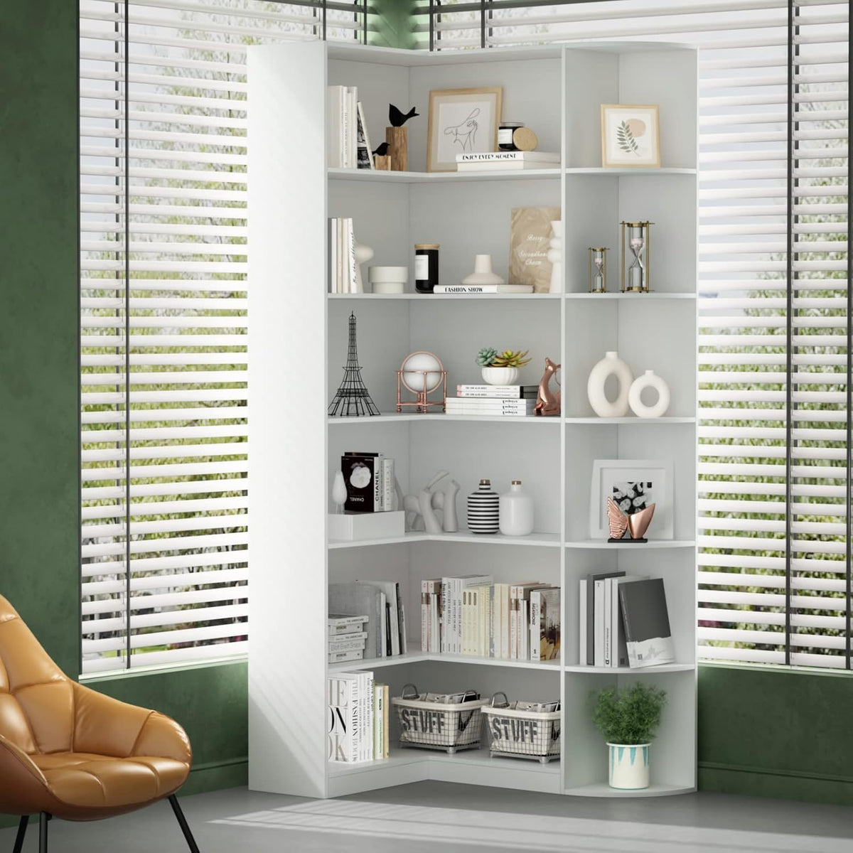Loomie White Book Shelf, 6 Tiers Shelf Large Tall Corner Etagere Bookcase with Full Baffle