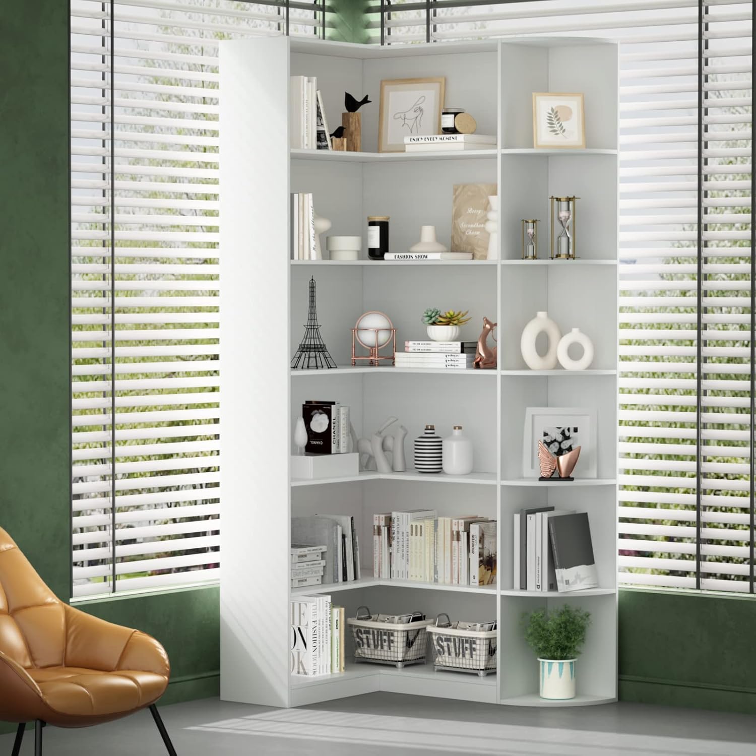 Loomie White Book Shelf, 6 Tiers Shelf Large Tall Corner Etagere Bookcase with Full Baffle
