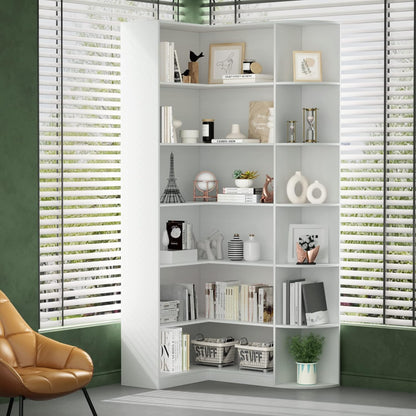 Loomie White Book Shelf, 6 Tiers Shelf Large Tall Corner Etagere Bookcase with Full Baffle
