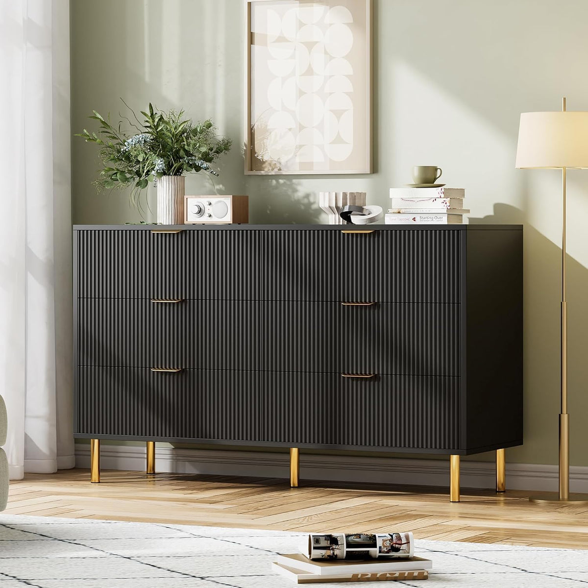 GAOMON 6 Drawer Dresser, Wood Chest of Drawers Organizer Storage with Gold Handle, Large Storage