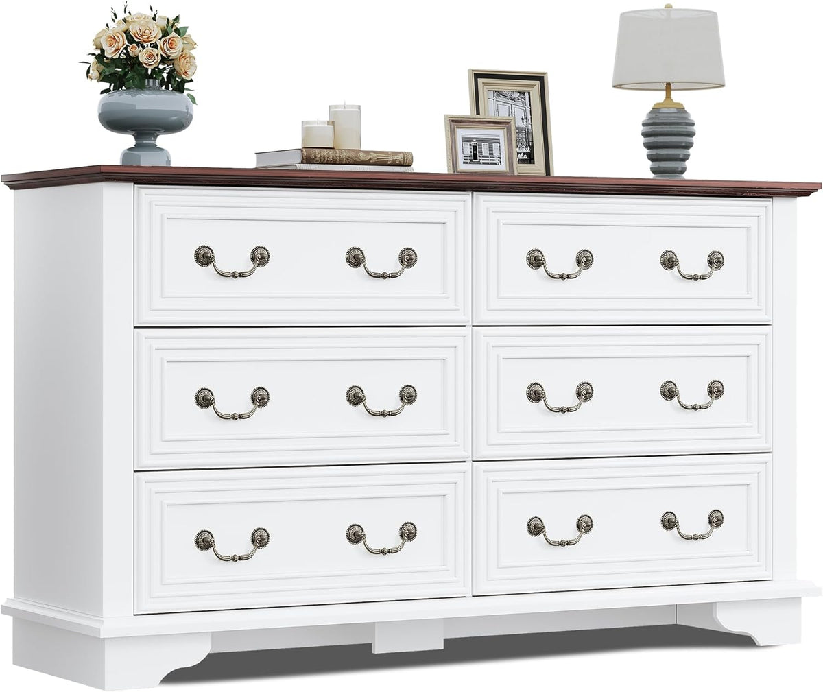 WLIVE Farmhouse Dresser for Bedroom, 51.97'' Wide Wood White Dresser with 6 Drawer, Chest of