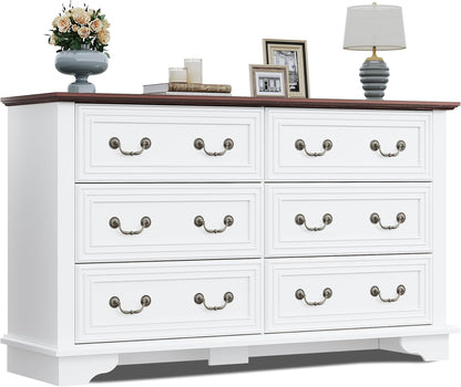 WLIVE Farmhouse Dresser for Bedroom, 51.97'' Wide Wood White Dresser with 6 Drawer, Chest of