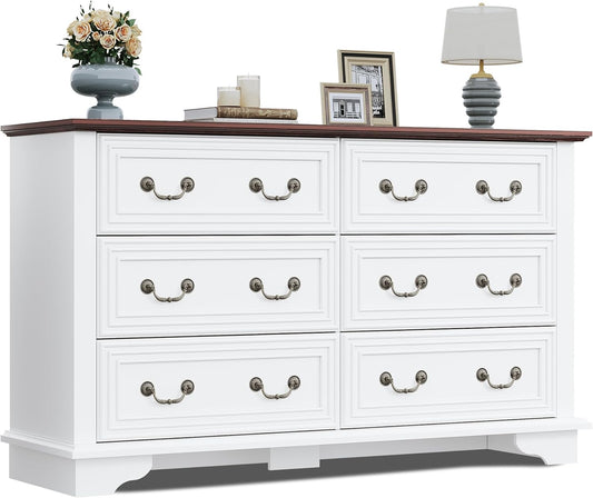 WLIVE Farmhouse Dresser for Bedroom, 51.97'' Wide Wood White Dresser with 6 Drawer, Chest of