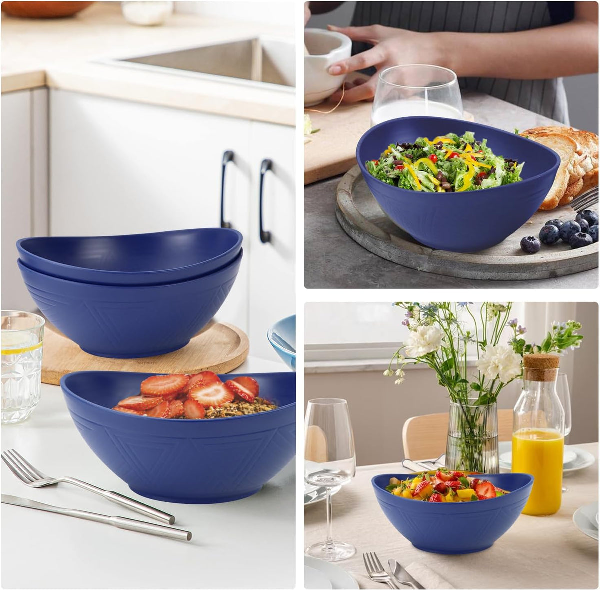 65oz Large Salad Bowls Deep Blue - Wheat Straw Serving Bowls Set of 4 - Unbreakable Serving Bowls
