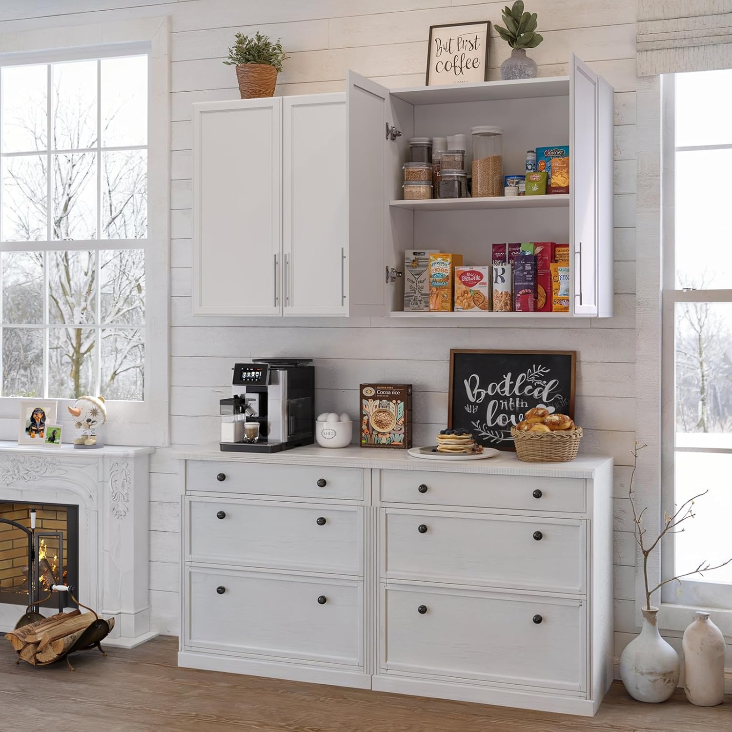 FIMELLO 60" Laundry Room Wall Cabinets with Adjustable Shelf, Large Wall Storage Cabinet, White