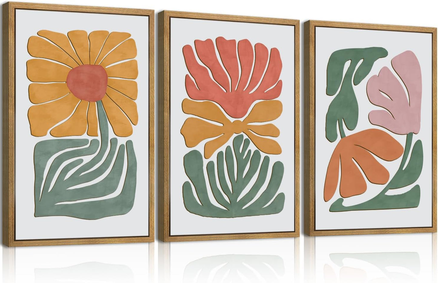 Large Abstract Boho Floral Wall Art Set Colorful Botanical Wood Wall Decor Modern Mid Century