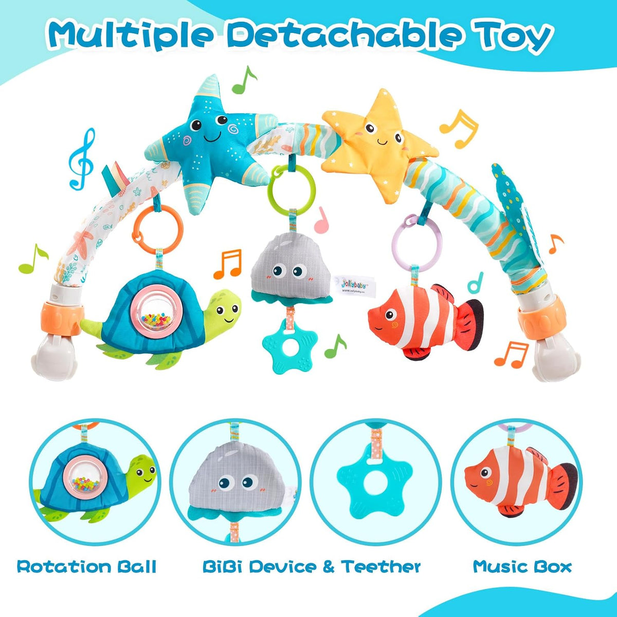 Jollybaby Musical Bassinet Stroller Crib Mobile Toy for Baby 0-6-12 Months, Infant Clip On Arch