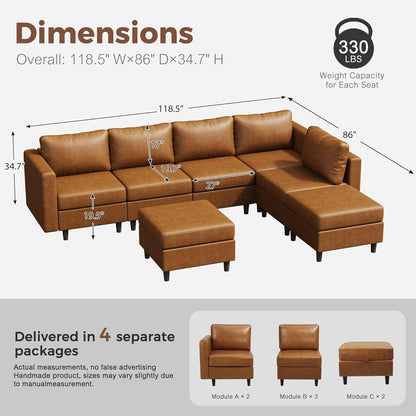 118.5" Faux Leather Modular Sectional Sofa, L Shaped Couch Set for Living Room, 7-Seater Comfy