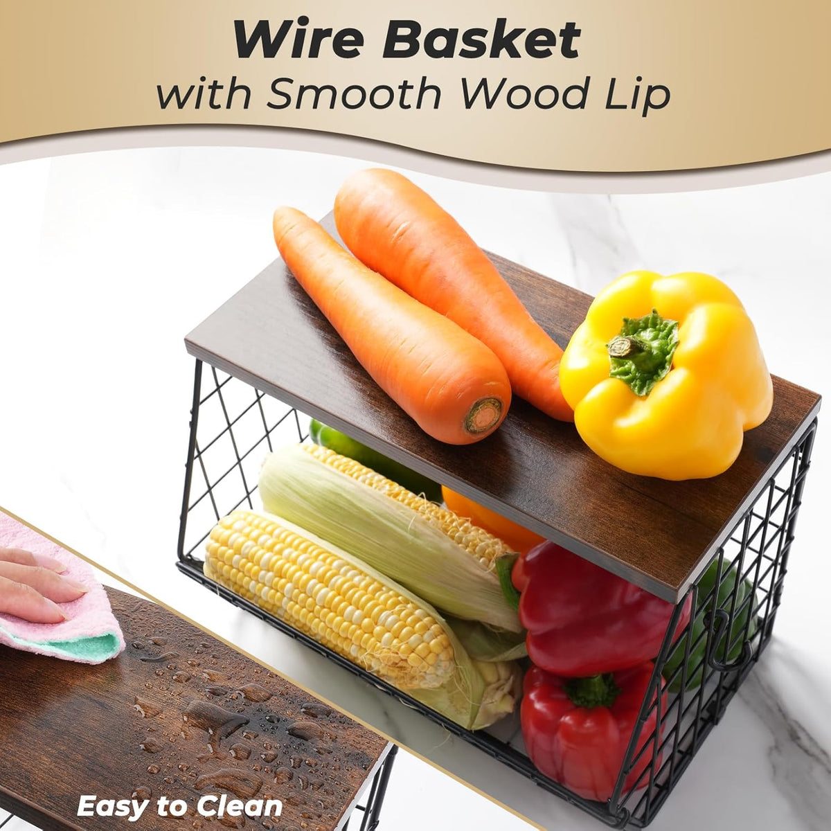 2pcs Fruit Basket Kitchen Storage Basket with Wood Lid, Stackable Wall Basket Fruit Basket for