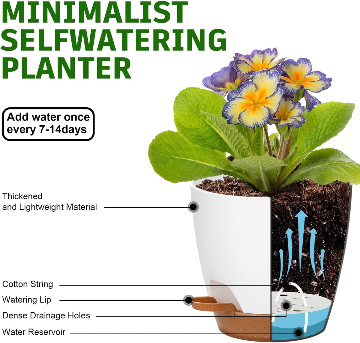 Uneed Indoor Self Watering Planters with Drainage Holes and Saucers, 7/6.5/6/5.5/5 Inch-5 Pots,for