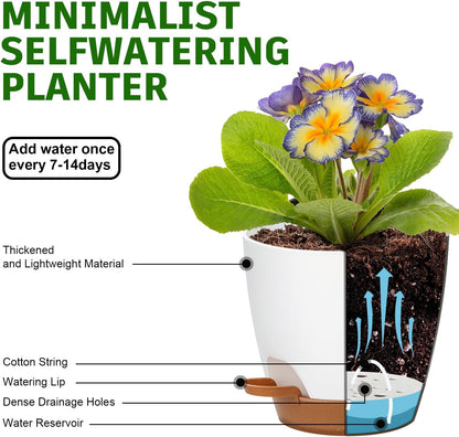Uneed Indoor Self Watering Planters with Drainage Holes and Saucers, 7/6.5/6/5.5/5 Inch-5 Pots,for