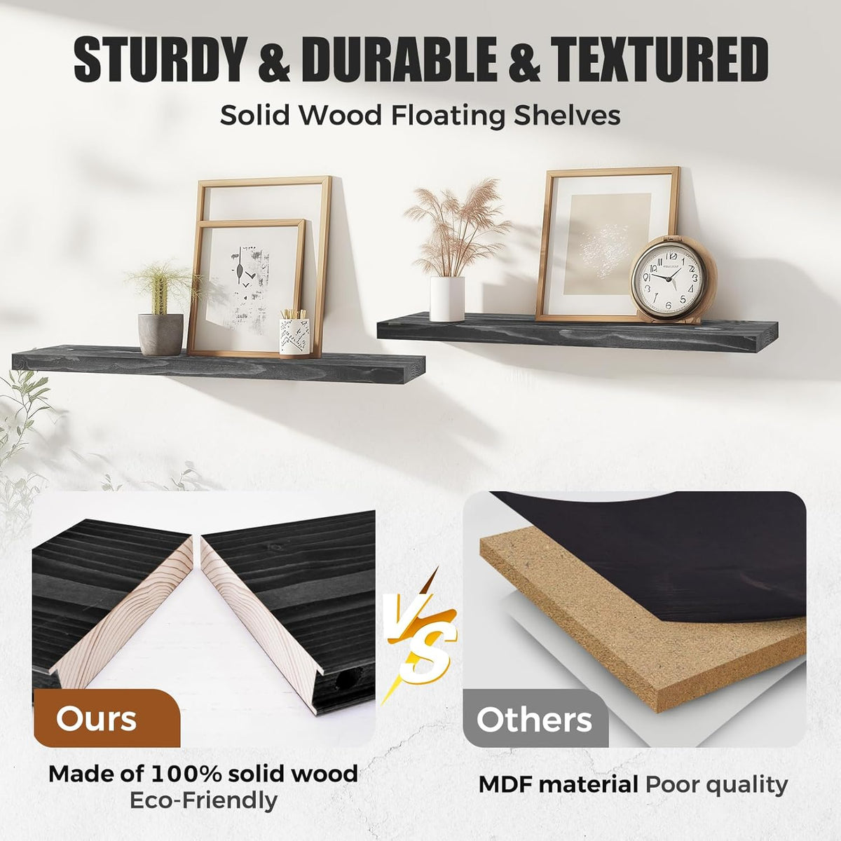 Floating Wall Shelves 4-Pack - Rustic Black 16-inch Wooden Wall Shelves for Storage and Décor