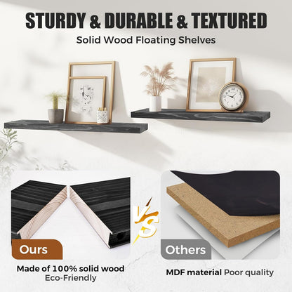 Floating Wall Shelves 4-Pack - Rustic Black 16-inch Wooden Wall Shelves for Storage and Décor