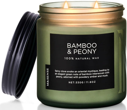 M&SENSE Bamboo Peony Scented Candle, 11.6oz Aromatherapy Jar Candle, 70 Hour Burn Time, Natural Soy