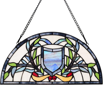 YOURANJU Half Moon Stained Glass Window Hanging Tiffany Style 16" x 8" Half-Round Window Panel