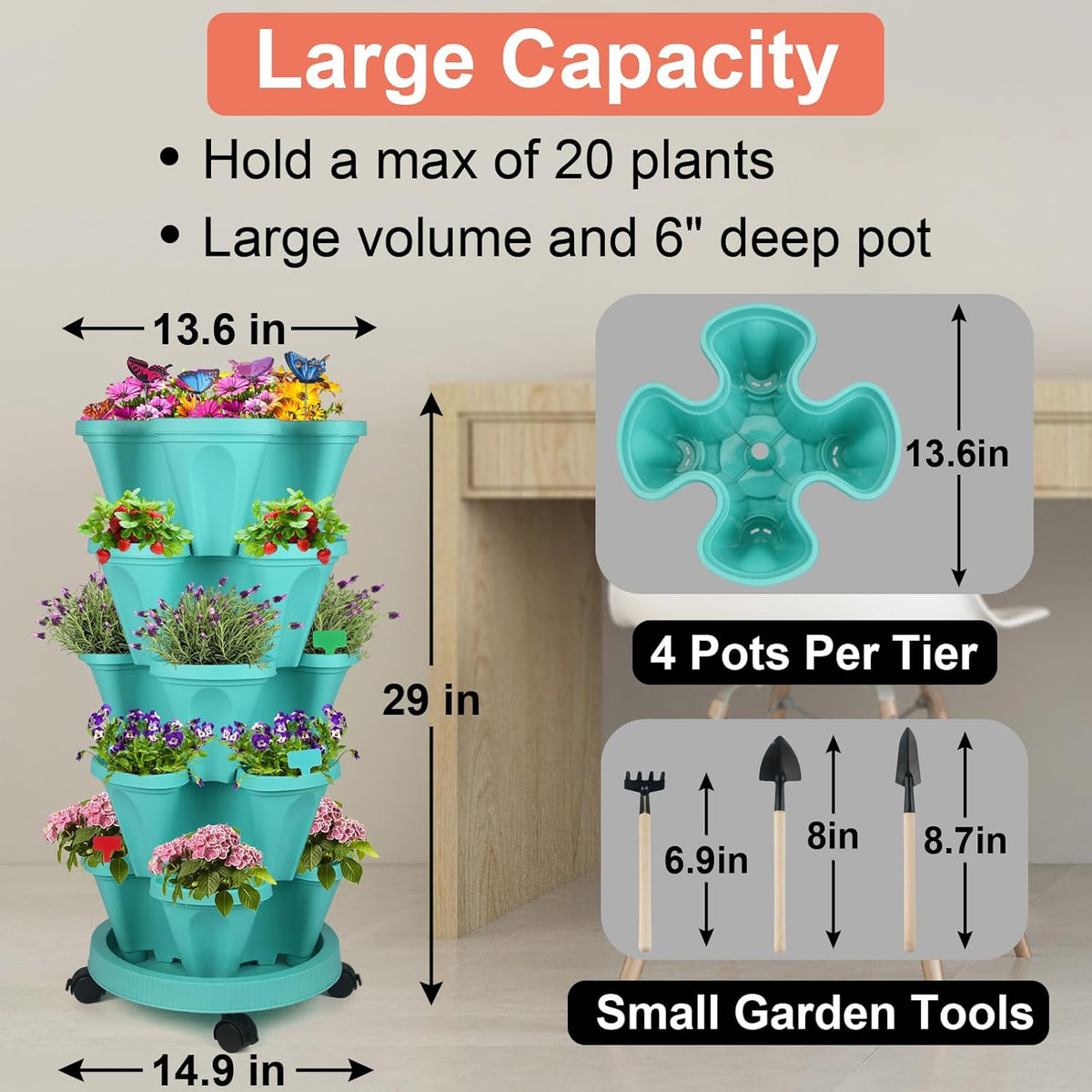 DUNCHATY Stackable Planter, Teal, 6 Tier Garden Tower, Self Watering, Indoor/Outdoor, with Garen