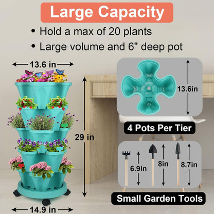 DUNCHATY Stackable Planter, Teal, 6 Tier Garden Tower, Self Watering, Indoor/Outdoor, with Garen