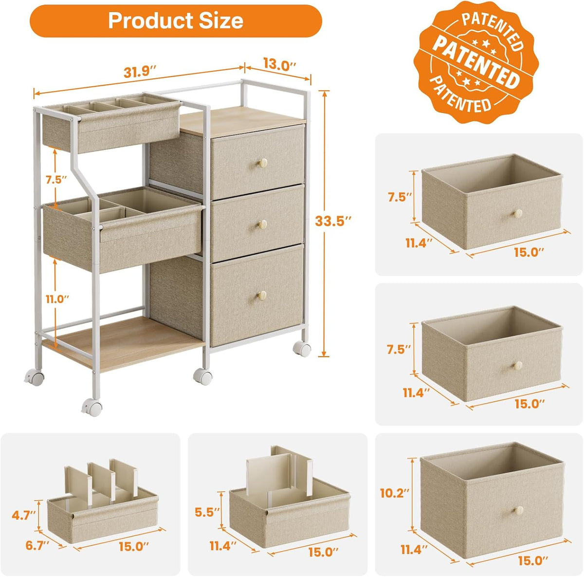 Baby Organizer and Storage - 3 Tier Rolling Cart with Dividers and Drawers, Easy To Assemble