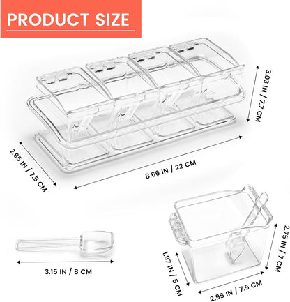 Clear Seasoning Box, 4 Piece Seasoning Rack Spice Pots, Plastic Storage Container Condiment Jars