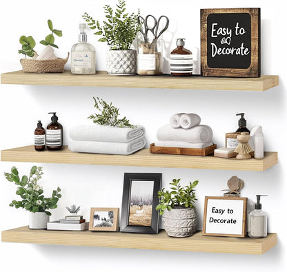Floating Wall Shelves 3-Pack - 24-Inch Rustic Wooden Shelves for Storage and Décor, Easy