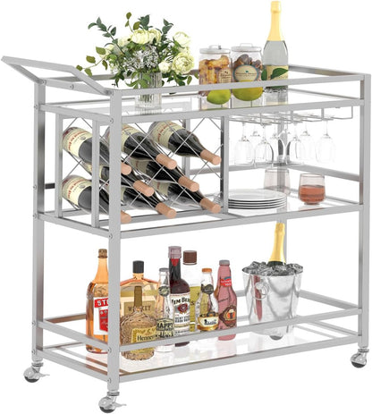 FATORRI Bar Cart Silver, Bar Carts for The Home, Home Bar Serving Carts for Liquor, Rolling Wine