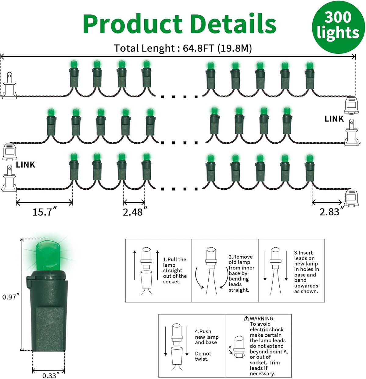 Green Wide Angle LED Christmas Lights, 64.8 Ft 300 Count, Pack of 3 Strands 21.9 Ft 100 Lights UL