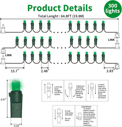 Green Wide Angle LED Christmas Lights, 64.8 Ft 300 Count, Pack of 3 Strands 21.9 Ft 100 Lights UL