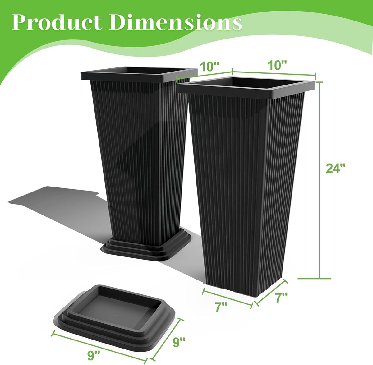 FENCY Set of 2 Tall Planters for Outdoor Plants, 24 Inch Large Tapered Pots with Drainage Trays
