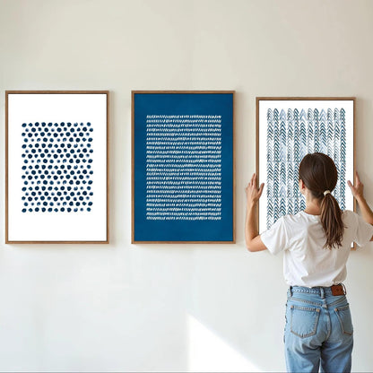 Tinonedraw Navy Blue and White Framed Canvas Wall Art Set, Minimalist Geometric Wall Decor, Neutral