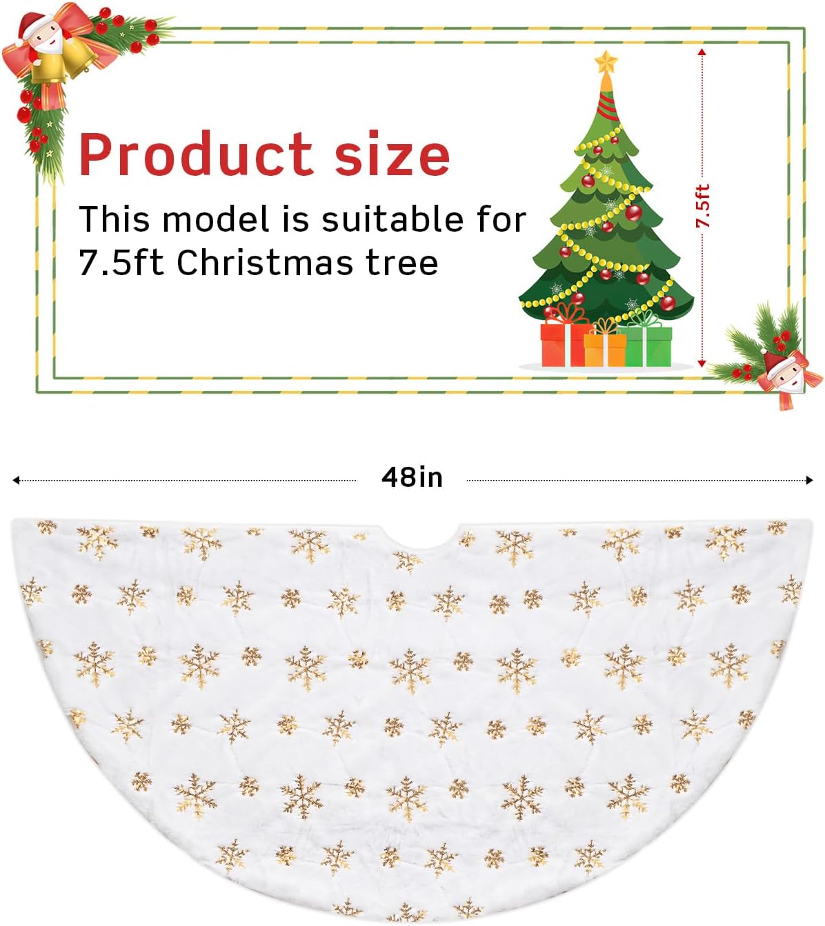 COOLWUFAN 48 Inches Christmas Tree Skirt for Xmas Tree Holiday Party Decoration White Plush Gold