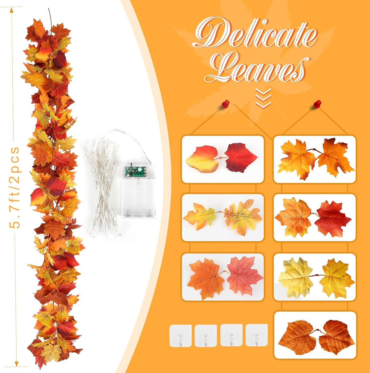 Joyhalo 2 Pack Fall Garland with Lights, Fall Leaves for Mantle, Outdoor Lighted Up Leaf Garland