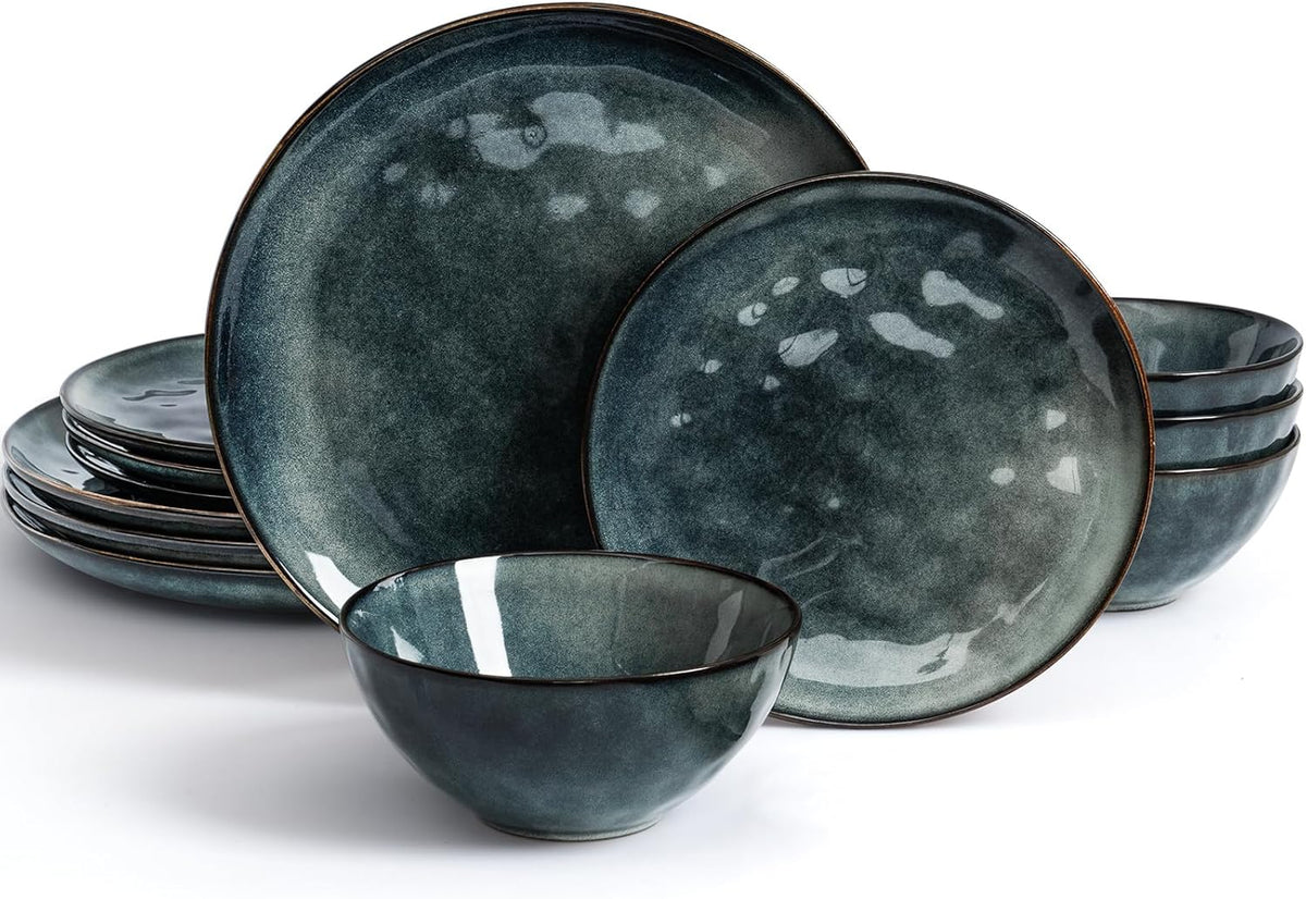 Famiware Dinnerware Sets for 4, Ocean Round 12-Piece Kitchen Plates and Bowls Sets, Reactive Glaze