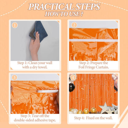 3 Pack Foil Fringe Backdrop - Orange Shiny Tinsel Curtains for Party Decoration/Photo Booth Props