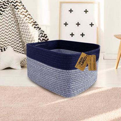 COMFY-HOMI Rectangular Cotton Rope Basket With Handles for Shelves|Dog Toy|Baby Gift - Dark Blue