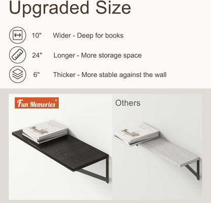 Deep Black Floating Shelves for Wall, 24"W x 10"D Wall Shelves Set of 2, 10 Inch Deep Floating
