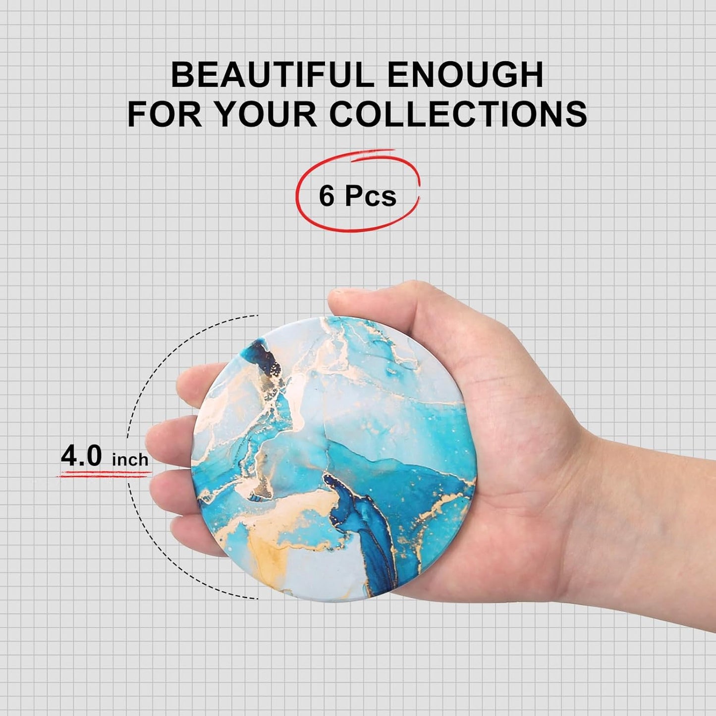 6 Pcs Light Blue Marble Abstract Ceramic Coasters with Holder Best Round Drink Absorbent Coasters