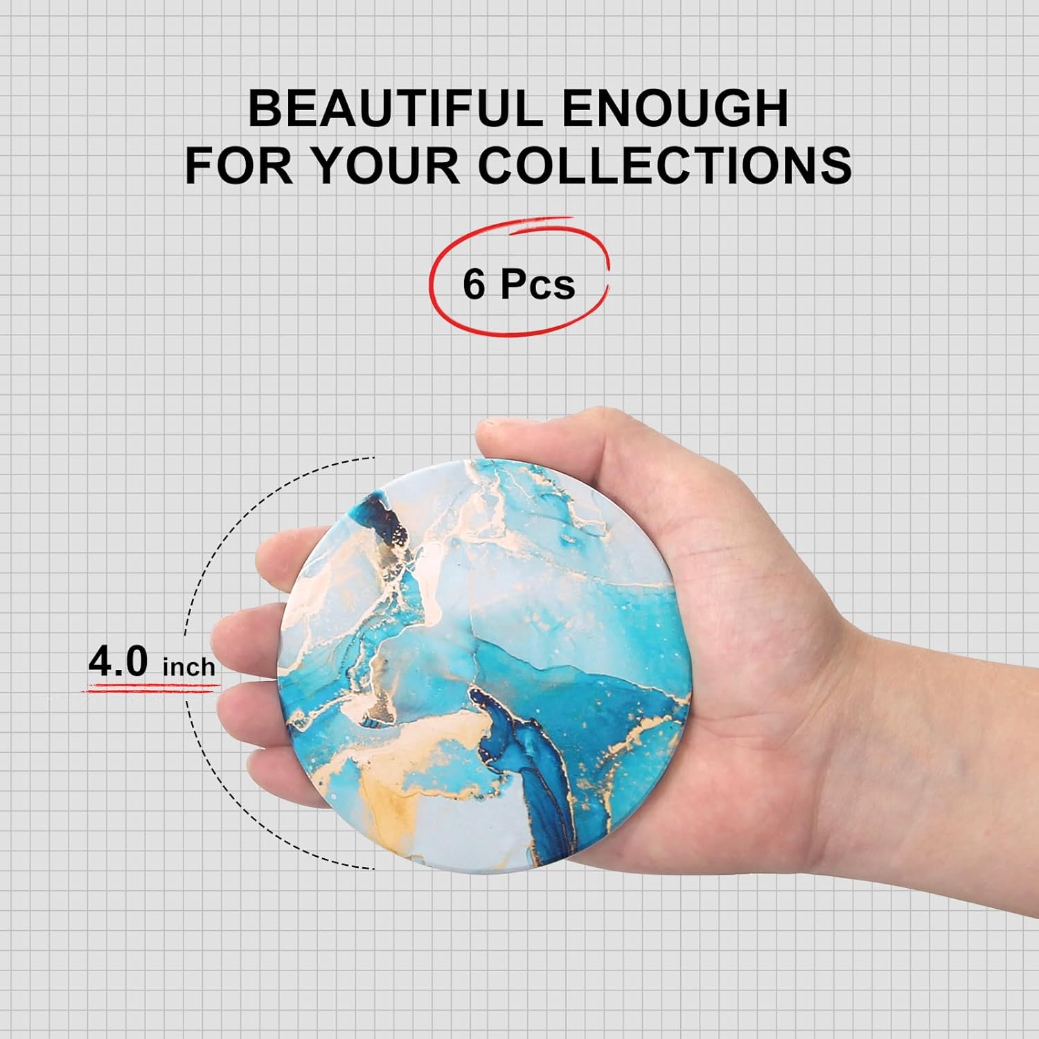 6 Pcs Light Blue Marble Abstract Ceramic Coasters with Holder Best Round Drink Absorbent Coasters