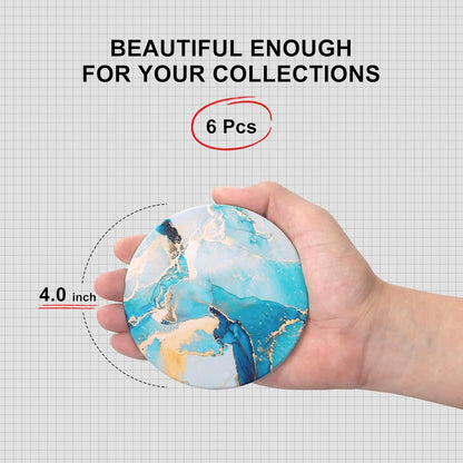 6 Pcs Light Blue Marble Abstract Ceramic Coasters with Holder Best Round Drink Absorbent Coasters